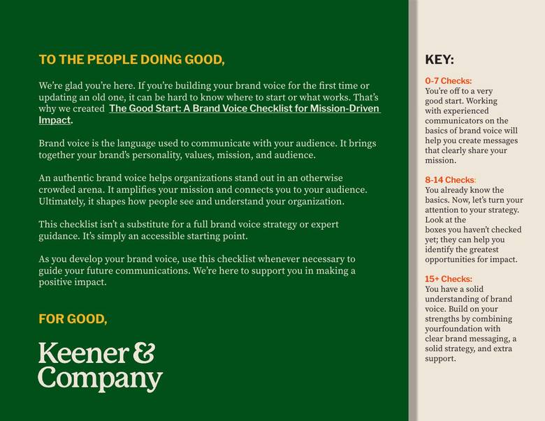 The first page of The Good Start brand voice checklist